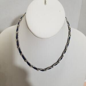 LC silver tone blue leather 15" necklace 1 1/2" ex. 1.1973